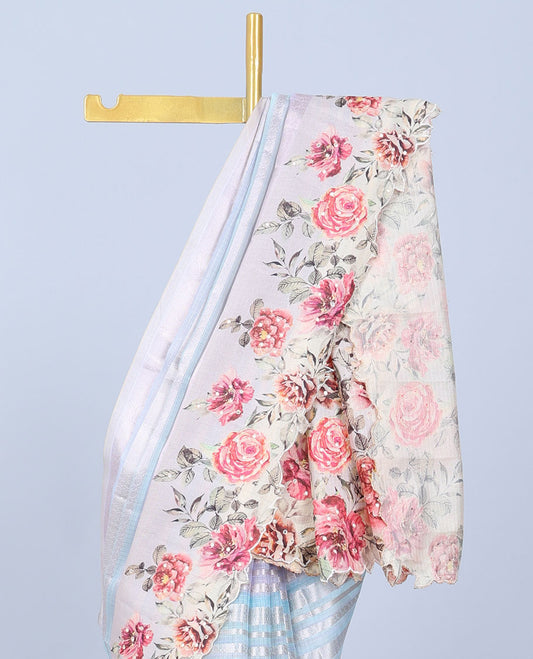Multi-color zari designs Semi banaras jute saree, scallop border of traditional zari designs & floral printed pallu