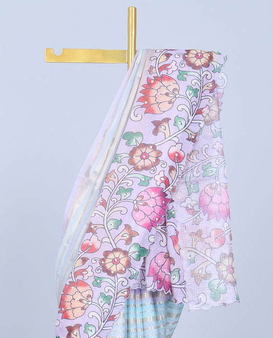 Multicolor zari designs Semi banaras jute saree,scallop traditional zari design border&multicolor floral printed pallu