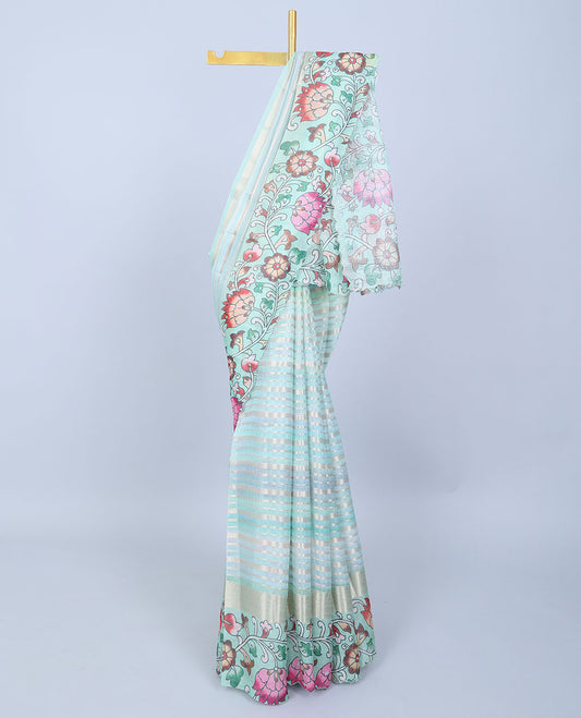 Green zari designs Semi banaras jute saree, scallop traditional zari design border & floral vine printed pallu