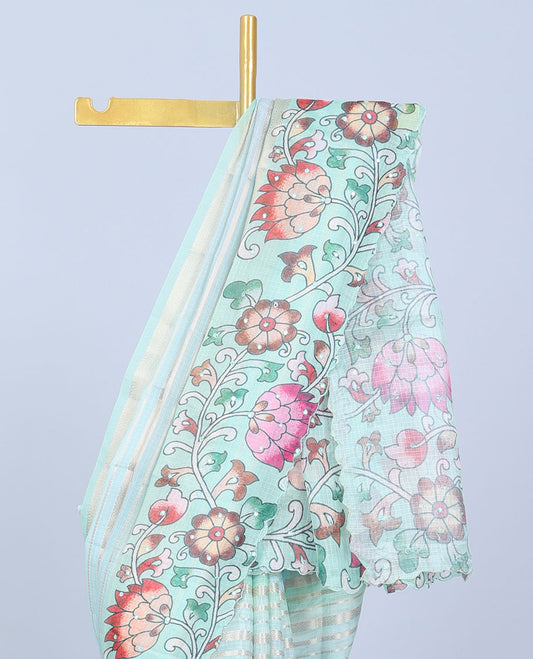 Green zari designs Semi banaras jute saree, scallop traditional zari design border & floral vine printed pallu