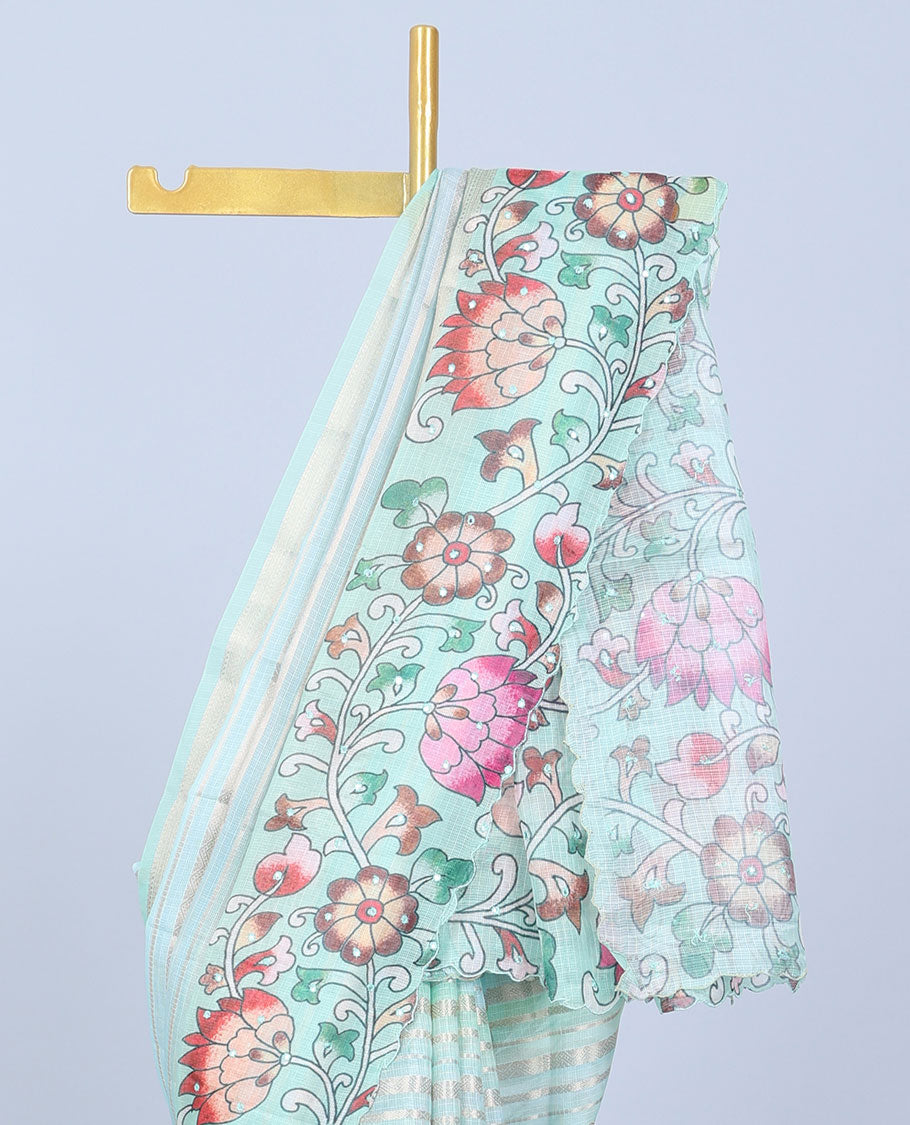 Green zari designs Semi banaras jute saree, scallop traditional zari design border & floral vine printed pallu