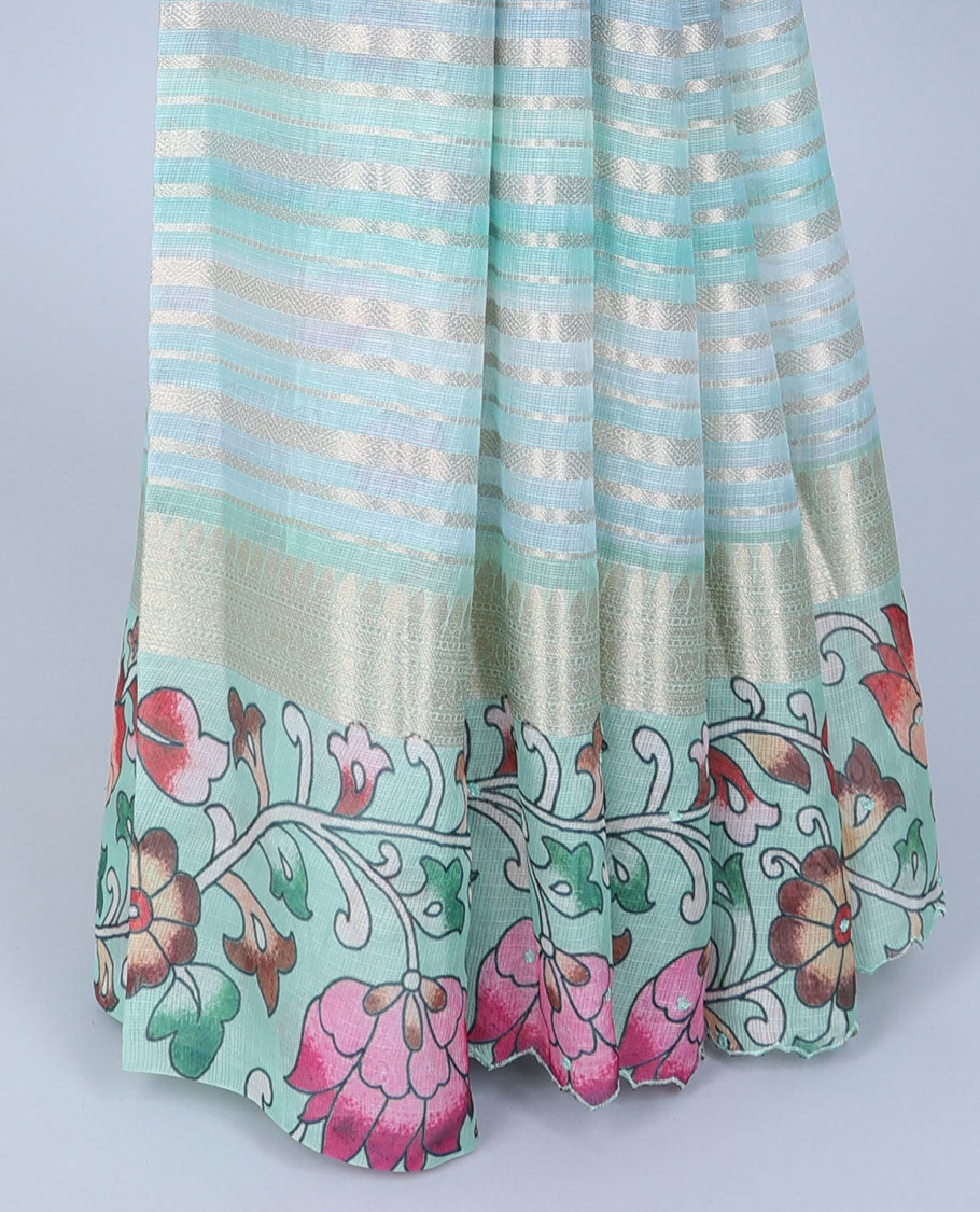 Green zari designs Semi banaras jute saree, scallop traditional zari design border & floral vine printed pallu