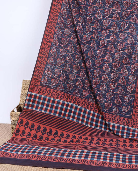 Blue floral printed mul-mul cotton saree, paisley border & pallu of paisley & checked design print