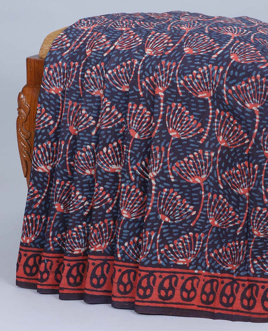 Blue floral printed mul-mul cotton saree, paisley border & pallu of paisley & checked design print
