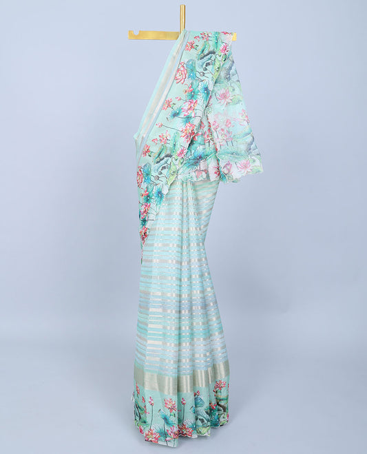 Green zari designs Semi banaras jute saree, scallop traditional zari design border & floral vine printed pallu