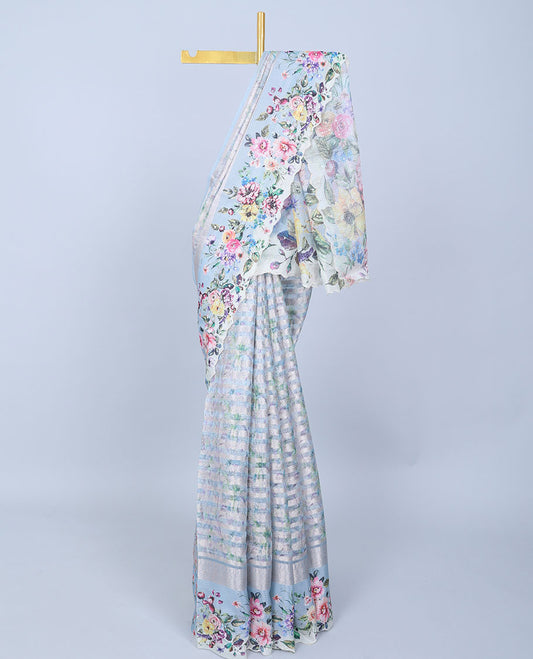 Blue zari designs Semi banaras jute saree, scallop traditional zari design border & floral vine printed pallu
