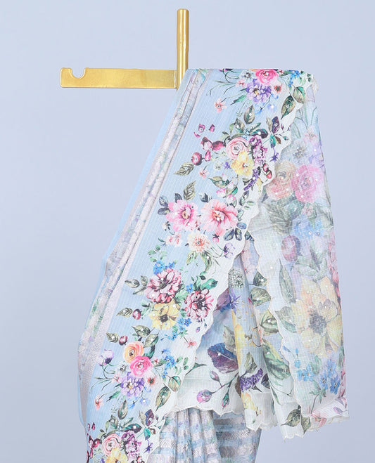 Blue zari designs Semi banaras jute saree, scallop traditional zari design border & floral vine printed pallu