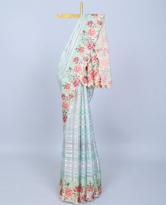 Multi-color zari designs Semi banaras jute saree, scallop traditional zari design border & rose floral printed pallu