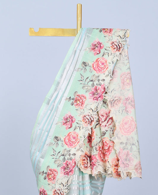 Multi-color zari designs Semi banaras jute saree, scallop traditional zari design border & rose floral printed pallu