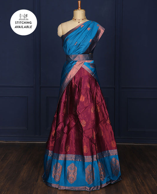 Maroon zari butta art-silk half saree, contrast zari design border, jacquard blouse & intricate dupatta with stone work