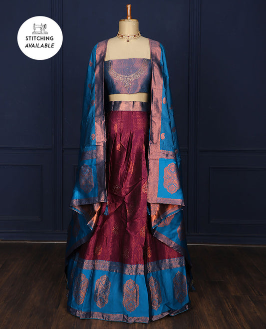 Maroon zari butta art-silk half saree, contrast zari design border, jacquard blouse & intricate dupatta with stone work