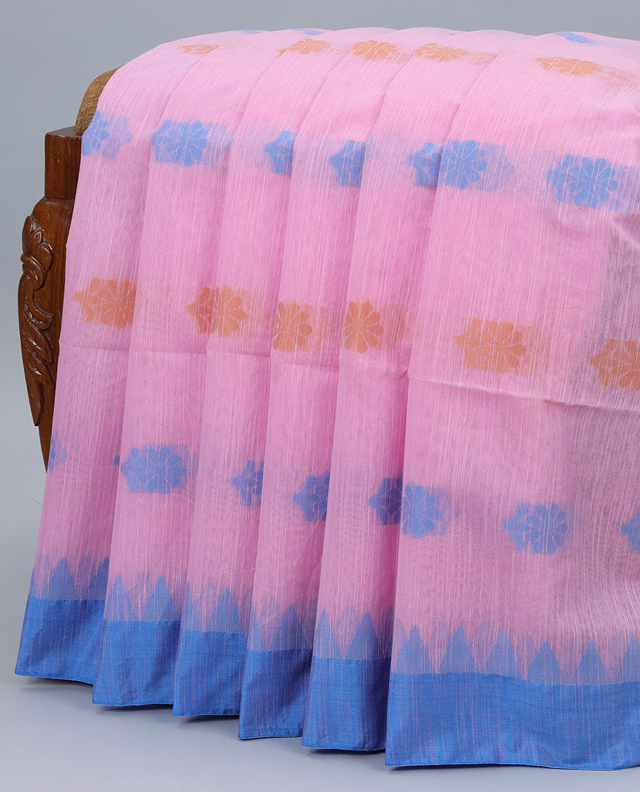Pink Kadhi cotton saree with buttas, contrast vidarbha border & pallu of tree designs