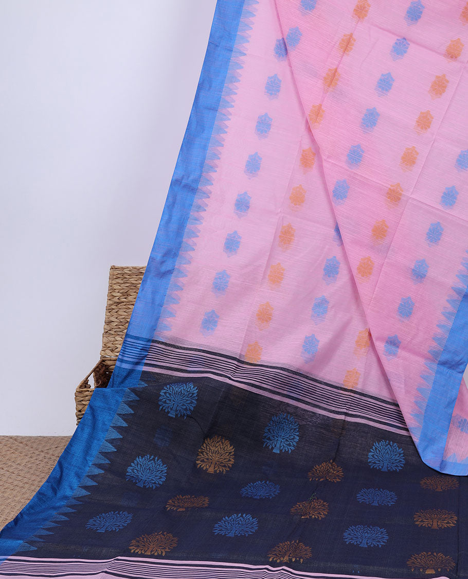 Pink Kadhi cotton saree with buttas, contrast vidarbha border & pallu of tree designs
