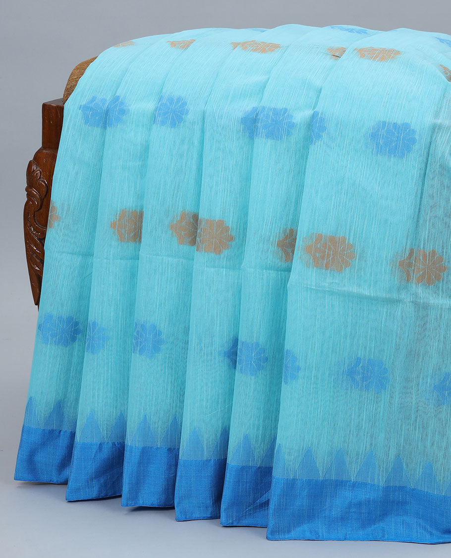 Blue kadhi cotton saree with buttas, contrast vidarbha border & pallu of tree designs