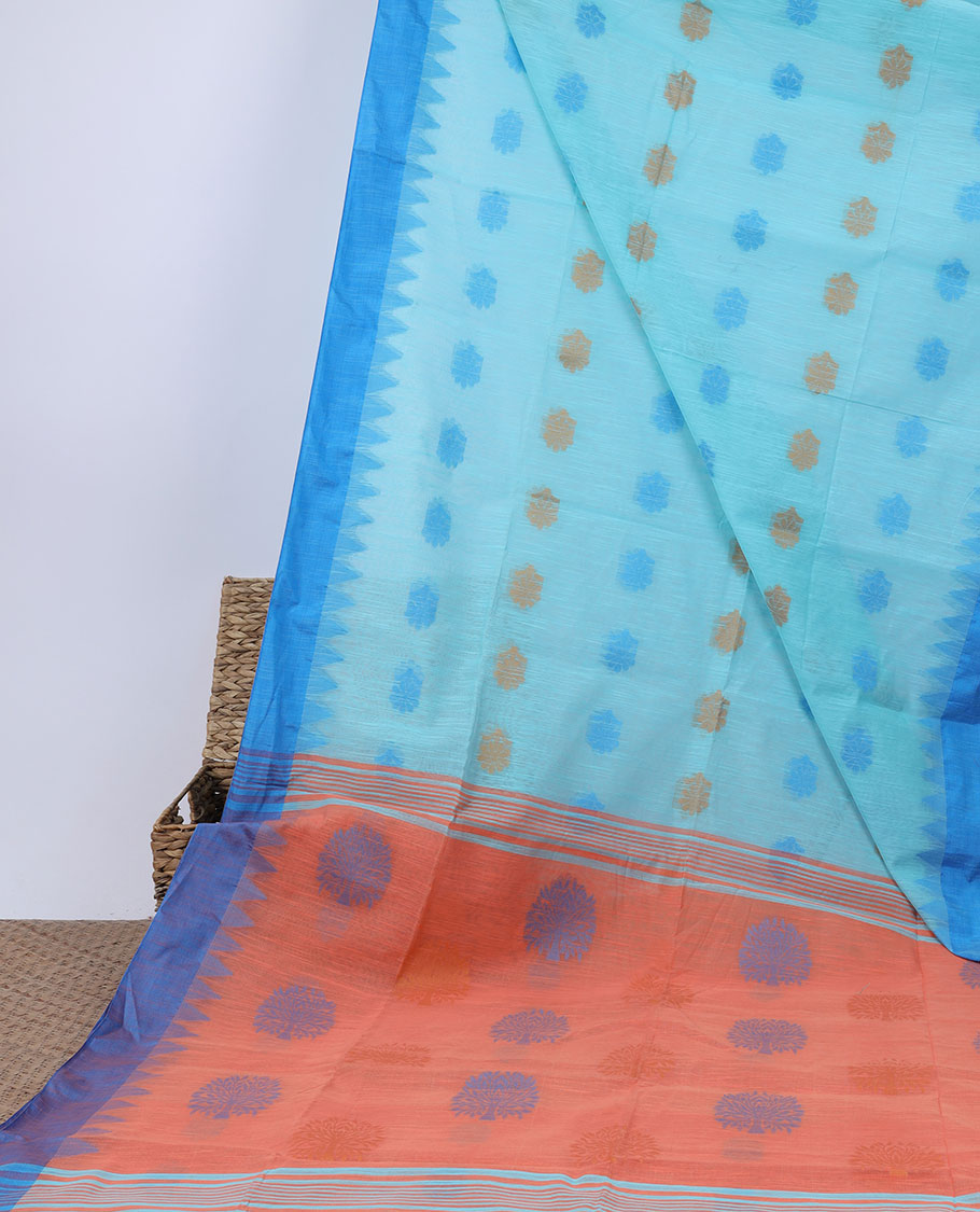 Blue kadhi cotton saree with buttas, contrast vidarbha border & pallu of tree designs