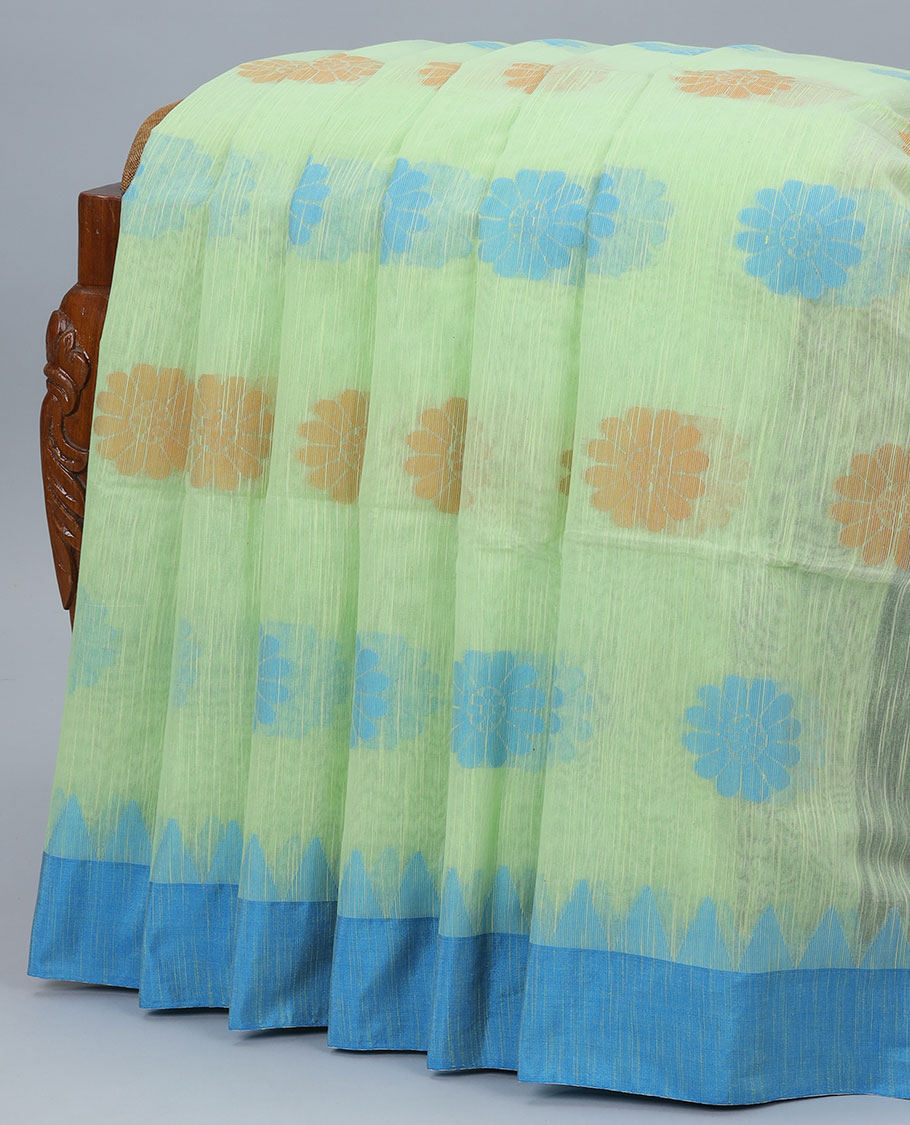 Green Kadhi cotton saree with flower buttas, contrast vidarbha border & pallu of tree designs
