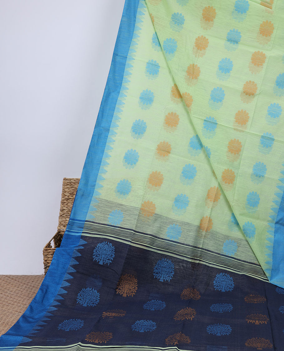 Green Kadhi cotton saree with flower buttas, contrast vidarbha border & pallu of tree designs