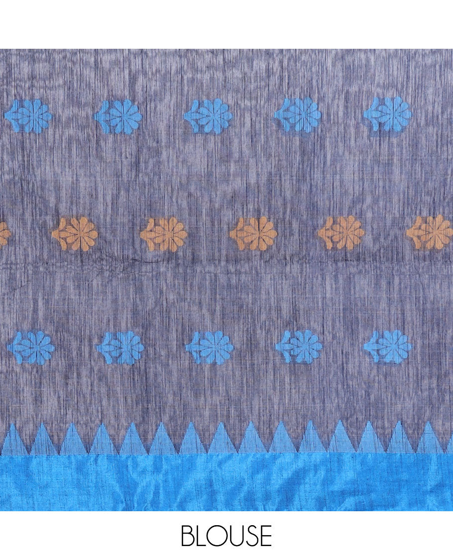 Grey kadhi cotton saree with buttas, contrast vidarbha border & pallu of tree designs