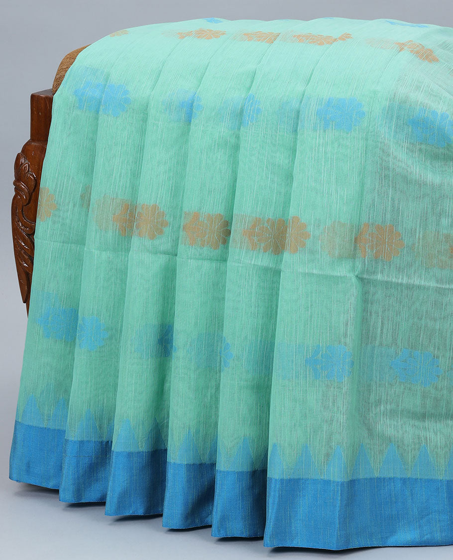 Green kadhi cotton saree with buttas, contrast vidarbha border & pallu of tree designs