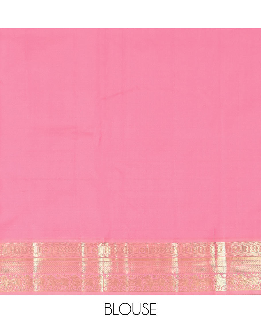 Light Sandal Vasundhara Lite Silk Saree Adorned with Zari Buttas All Over Its Body, Contrast Border Delicately Woven with Pichwai Cow Designs, Artfully Geometric Patterns Woven Pallu, and Paired with a Contrast Blouse