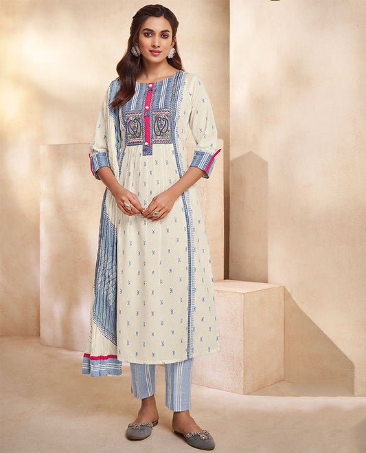 Cream readymade suit, embroidered top, geometric printed straight-cut pants & intricate crush-style dupatta