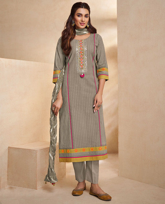 Grey readymade suit, embroidered round-neck top,plain straight-cut pants & lehariya striped crush-style dupatta