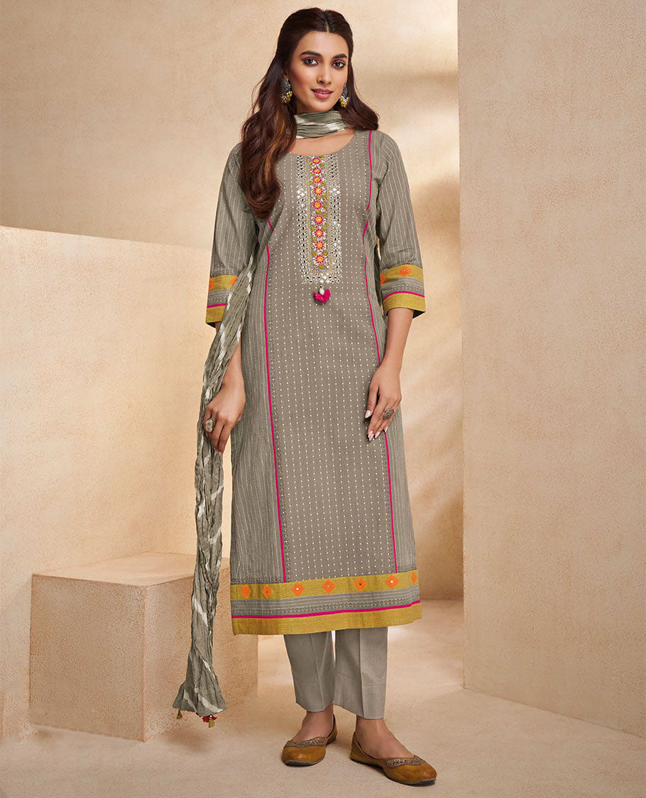 Grey readymade suit, embroidered round-neck top,plain straight-cut pants & lehariya striped crush-style dupatta
