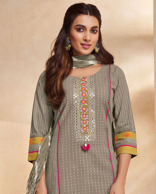 Grey readymade suit, embroidered round-neck top,plain straight-cut pants & lehariya striped crush-style dupatta
