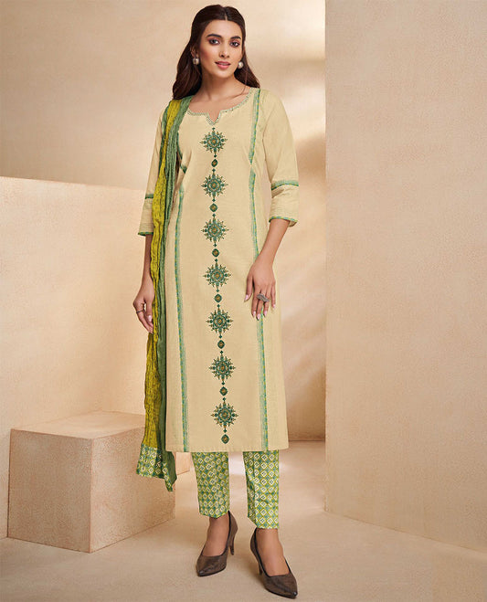 Sandal readymade chanderi suit, intricate design round-neck 3/4th sleeve top,straight-cut print pants & crushed dupatta 