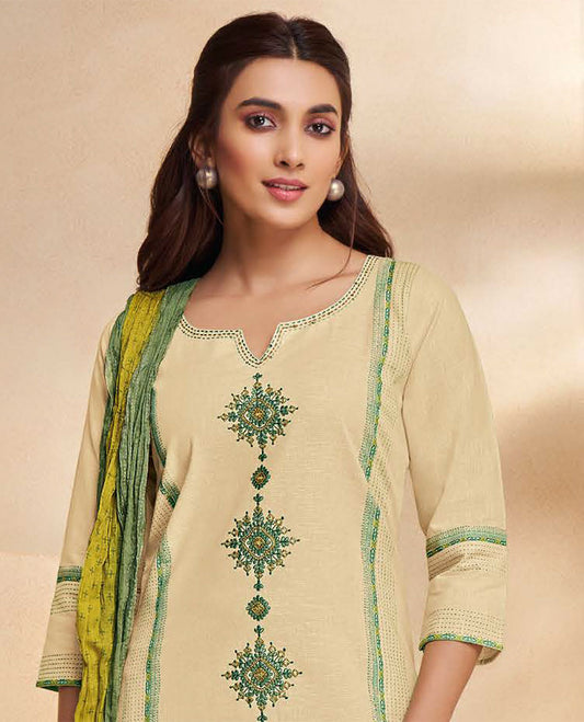 Sandal readymade chanderi suit, intricate design round-neck 3/4th sleeve top,straight-cut print pants & crushed dupatta 