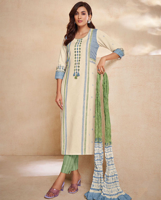 Sandal readymade chanderi suit, embroidery round-neck 3/4th sleeve top,straight-cut printed pants & crushed dupatta