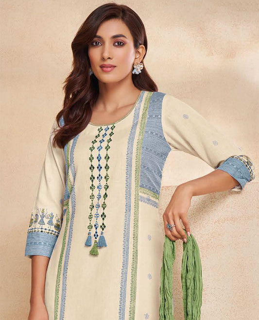 Sandal readymade chanderi suit, embroidery round-neck 3/4th sleeve top,straight-cut printed pants & crushed dupatta