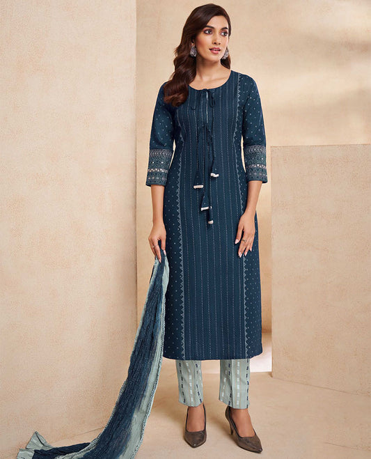 Blue readymade suit, geometric print round neck 3/4 sleeve top, straight-cut printed pants & dual-color crushed dupatta