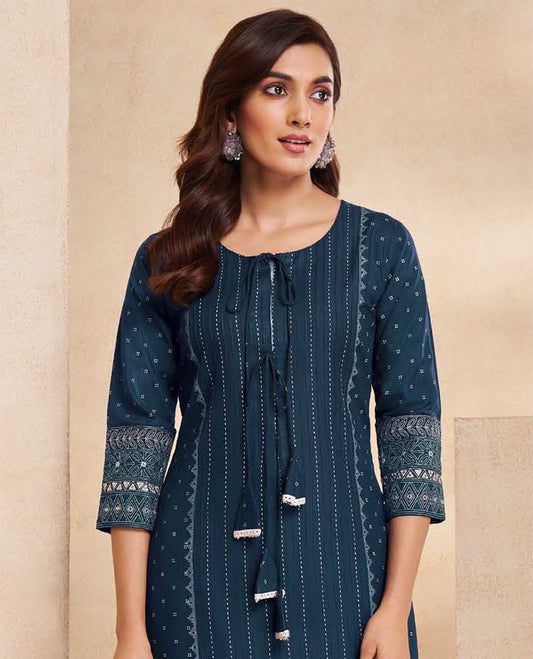 Blue readymade suit, geometric print round neck 3/4 sleeve top, straight-cut printed pants & dual-color crushed dupatta