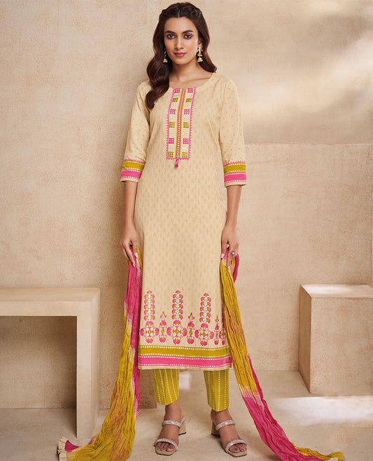 Sandal readymade suit, embroidered round neck 3/4 sleeve top, straight-cut printed pants & dual-color crushed dupatta