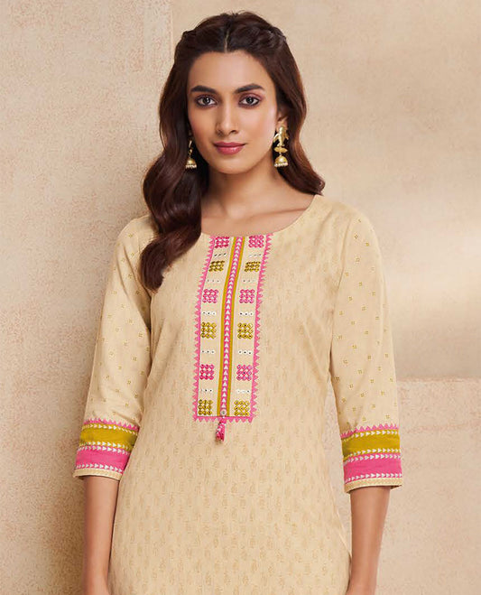 Sandal readymade suit, embroidered round neck 3/4 sleeve top, straight-cut printed pants & dual-color crushed dupatta