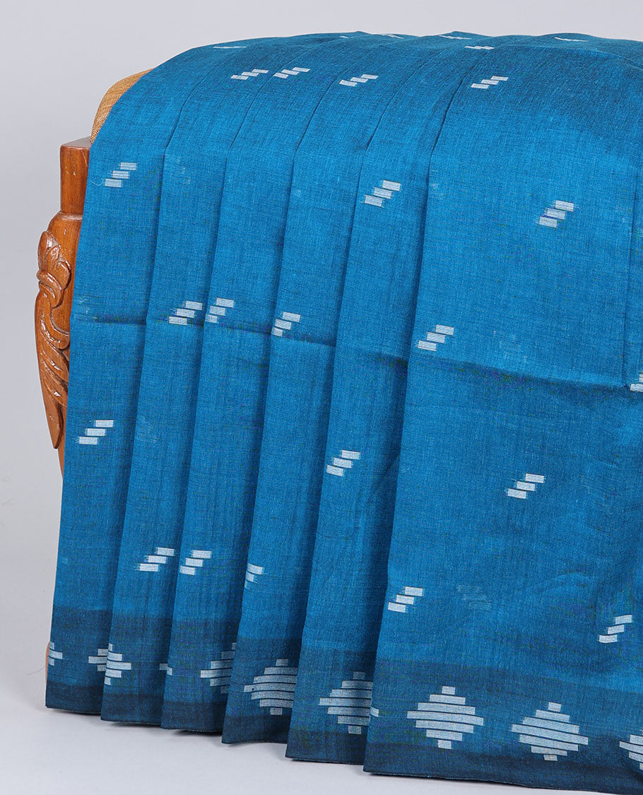 Blue cotton saree with all-over buttas, diamond patterned border & pallu of stripes