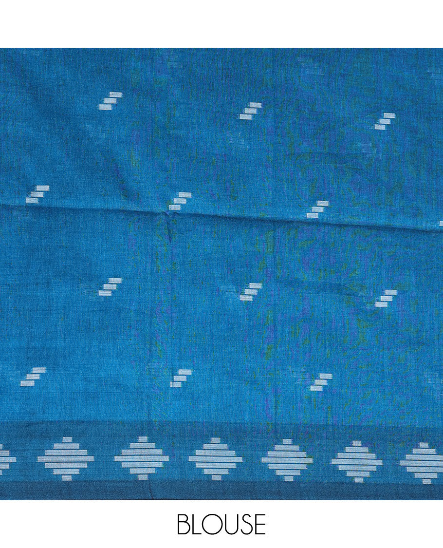 Blue cotton saree with all-over buttas, diamond patterned border & pallu of stripes
