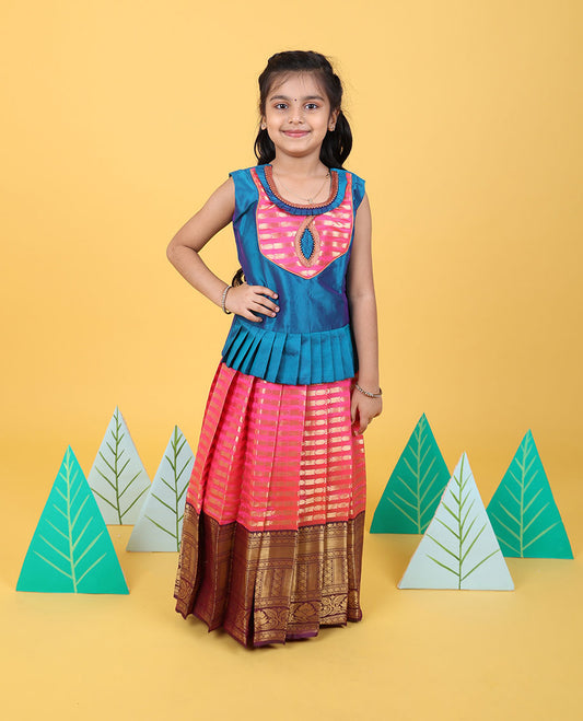 Pink zari designs readymade art silk pavadai with contrast traditional zari border & sleeveless blouse
