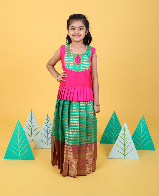 Green zari designs readymade art silk pavadai with contrast traditional zari border & sleeveless blouse