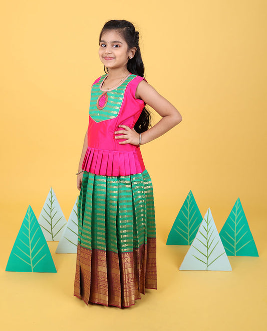 Green zari designs readymade art silk pavadai with contrast traditional zari border & sleeveless blouse