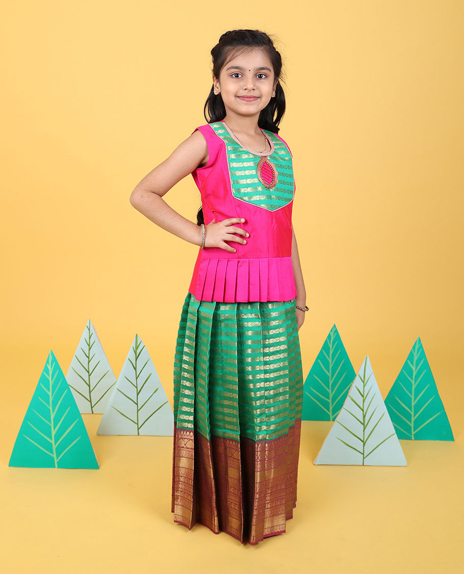 Green zari designs readymade art silk pavadai with contrast traditional zari border & sleeveless blouse