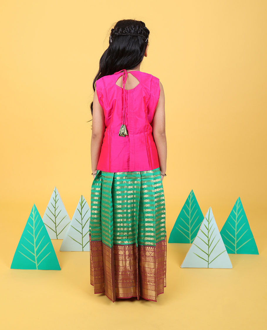 Green zari designs readymade art silk pavadai with contrast traditional zari border & sleeveless blouse