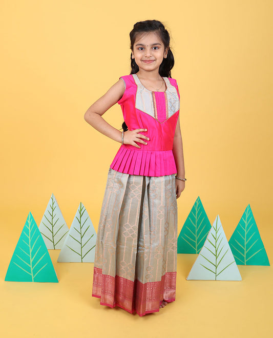 Grey zari designs readymade art silk pavadai with contrast traditional zari border & embroidery sleeveless blouse
