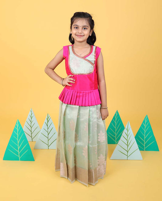 Green floral butta readymade art silk pavadai with traditional zari border & contrast sleeveless blouse