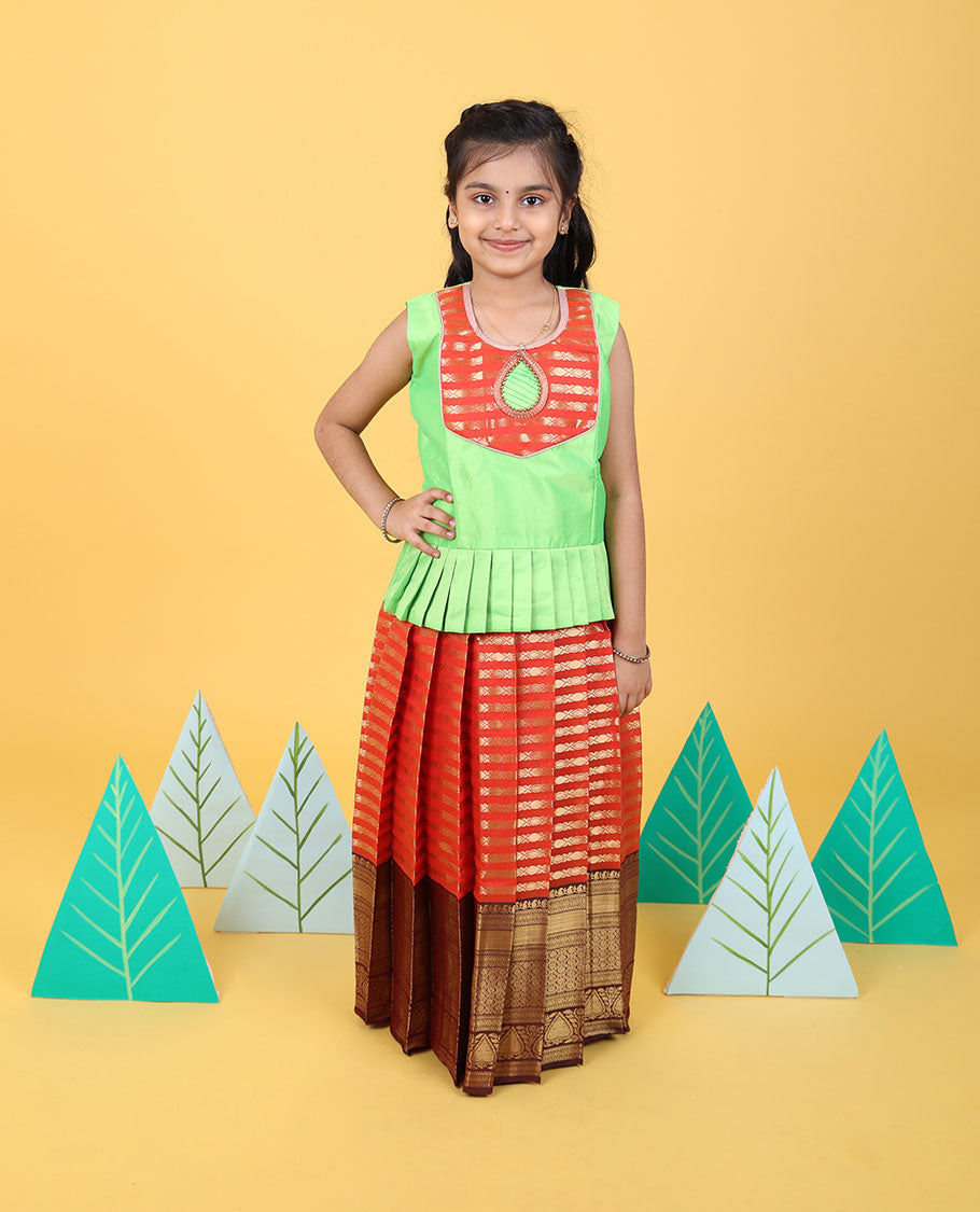 Orange zari designs readymade art silk pavadai with contrast traditional zari border & sleeveless blouse