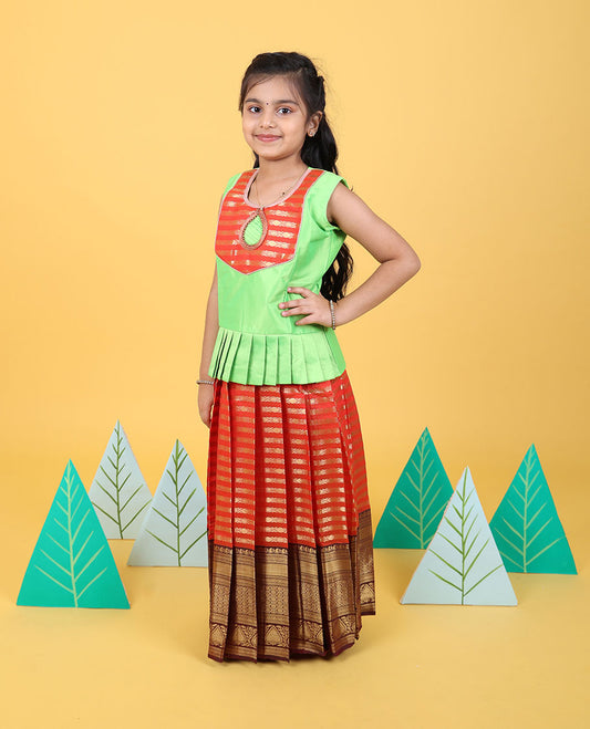 Orange zari designs readymade art silk pavadai with contrast traditional zari border & sleeveless blouse