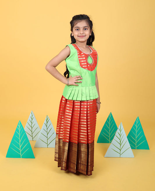 Orange zari designs readymade art silk pavadai with contrast traditional zari border & sleeveless blouse