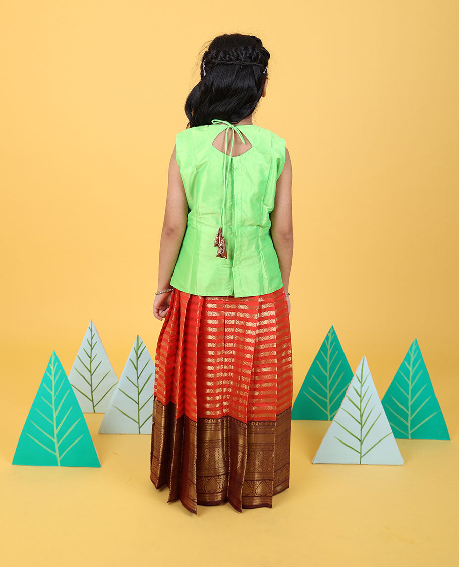 Orange zari designs readymade art silk pavadai with contrast traditional zari border & sleeveless blouse