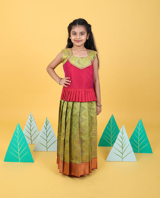 Green zari design readymade art silk pavadai, contrast traditional zari border & embroidery sleeveless blouse